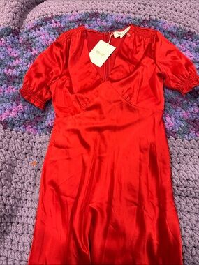 Astr Ruby Red Satin V-Neck Slip with Puff Sleeves